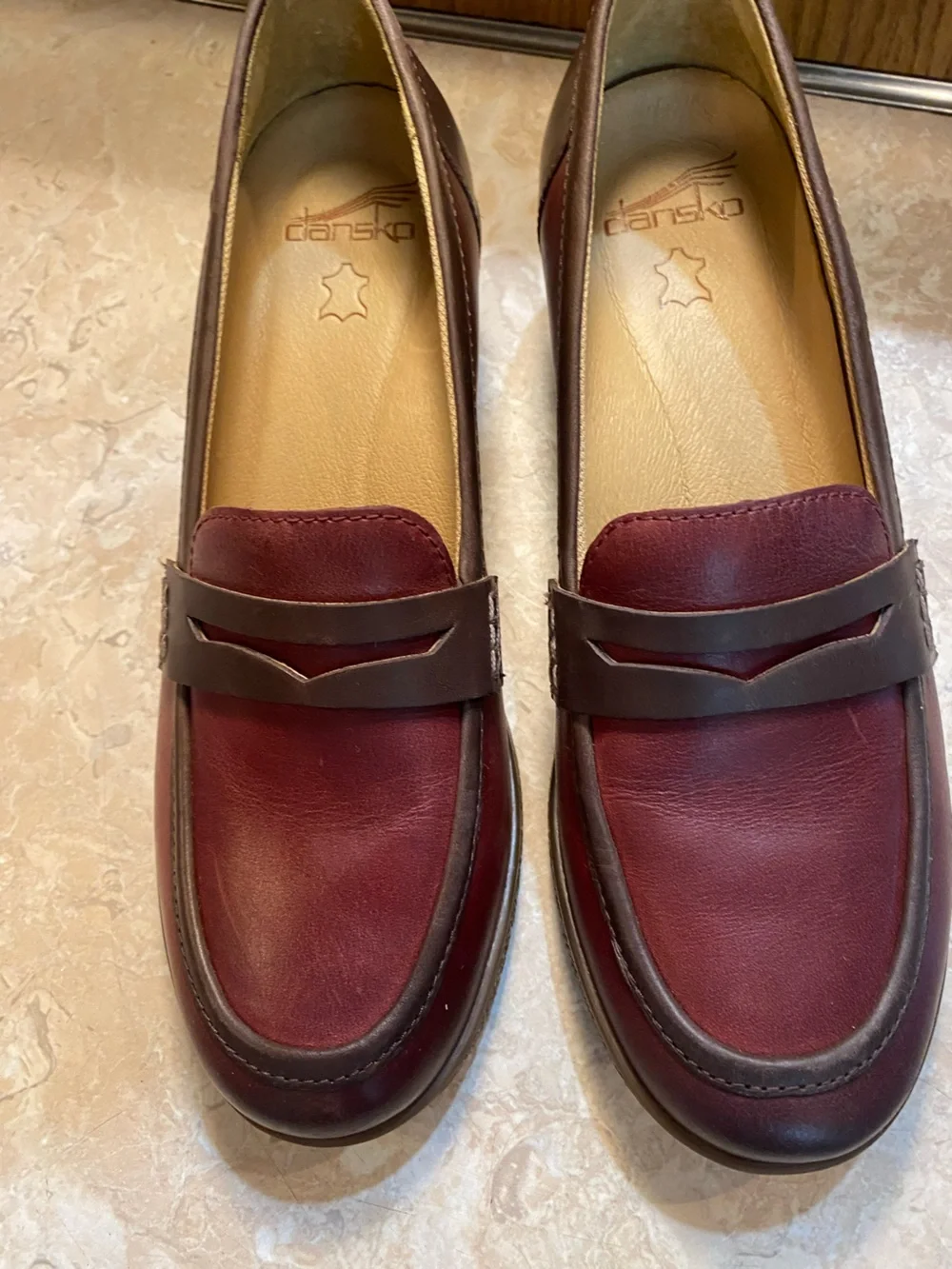 Dansko Burgundy and Dark Brown Leather Penny Loafers